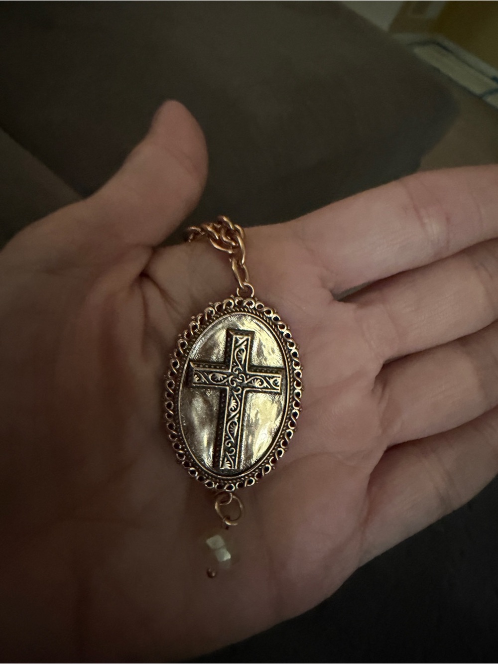 Katia DesignsGold Oval Cross Pendant Necklace with Filigree Edge - Women Jewelry